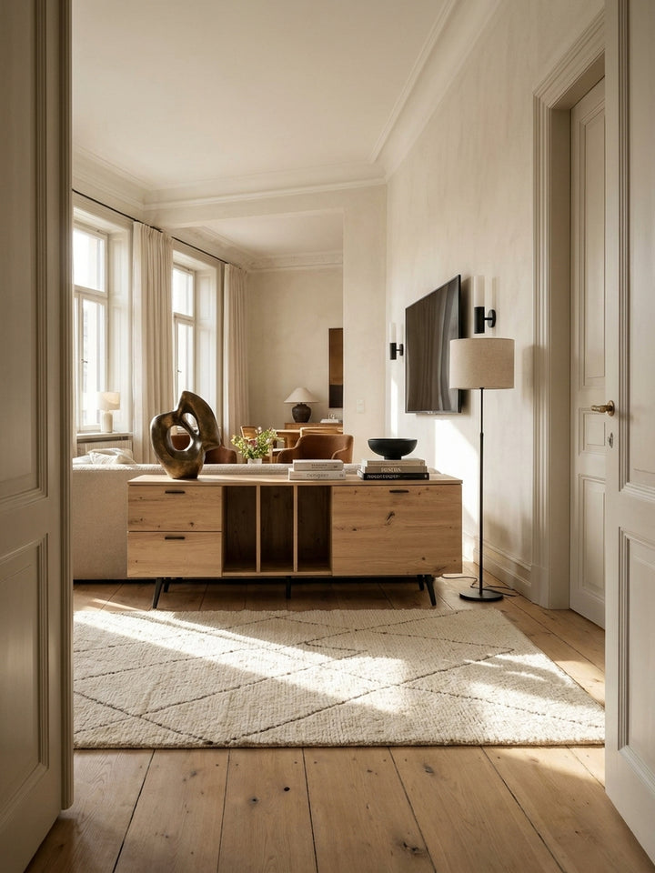 Modernes Lowboard in Eiche-Dekor 150x55x40 cm als TV-Schrank im hellen Wohnzimmer mit schwarzem Fernseher und Eichenparkett._