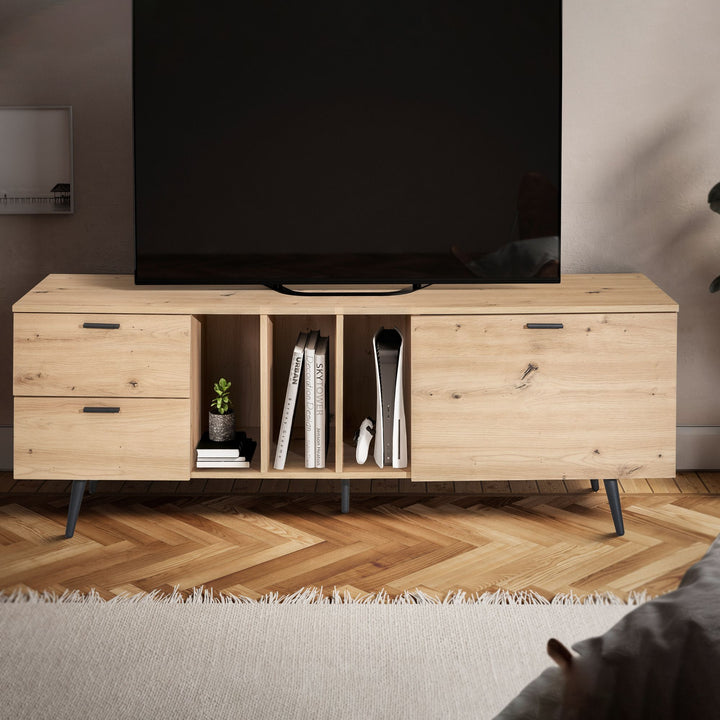 TV-Lowboard mit Eiche-Dekor, Tür und Schubladen, kompakte Aufteilung