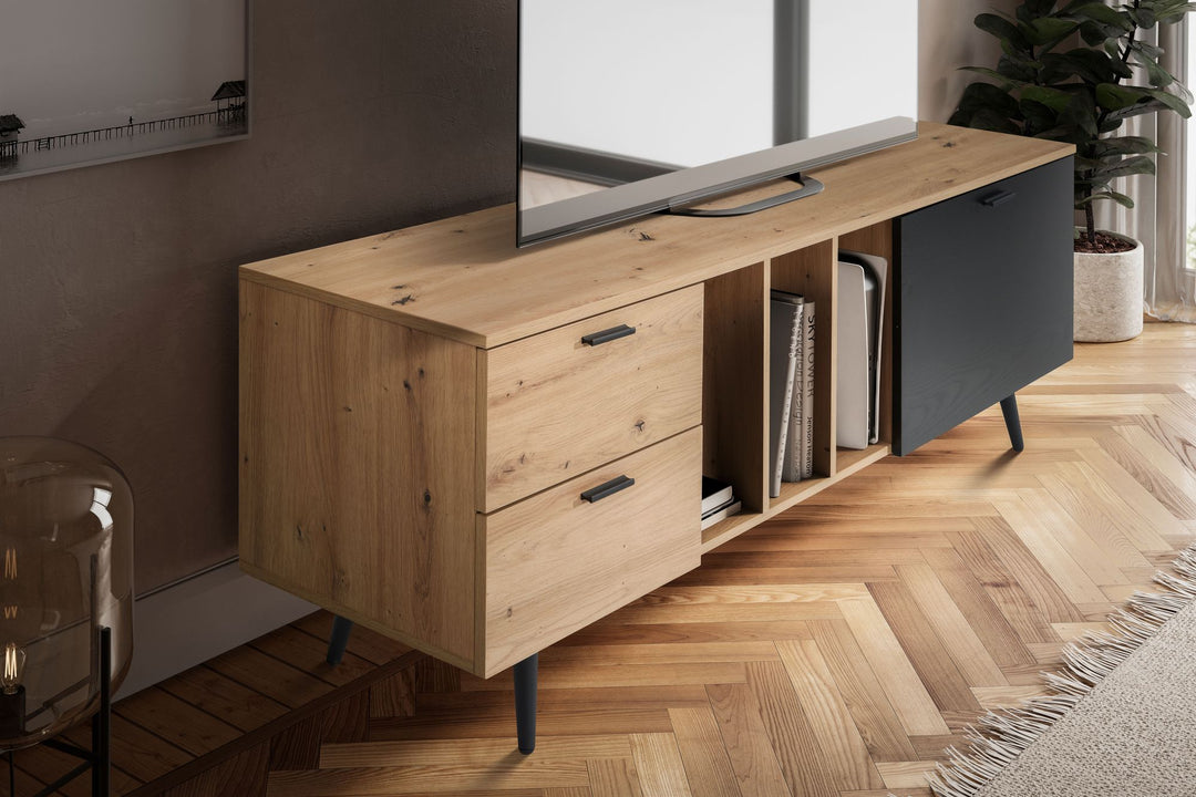 TV-Lowboard mit Eiche-Dekor, Tür und Schubladen, kompakte Aufteilung