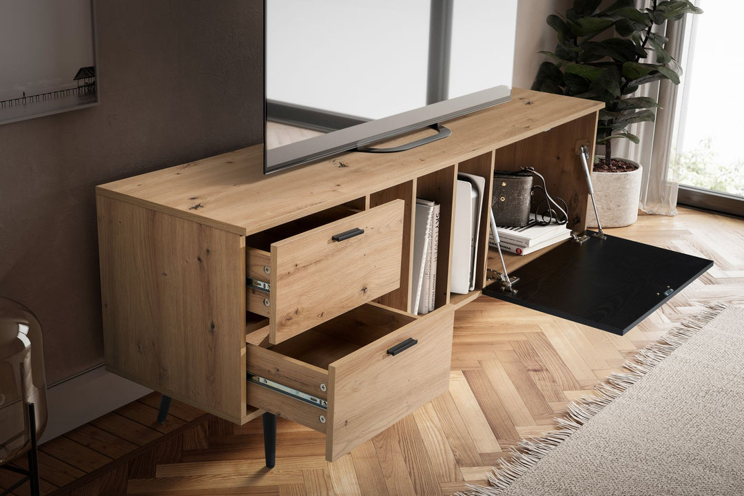 TV-Lowboard mit Eiche-Dekor, Tür und Schubladen, kompakte Aufteilung