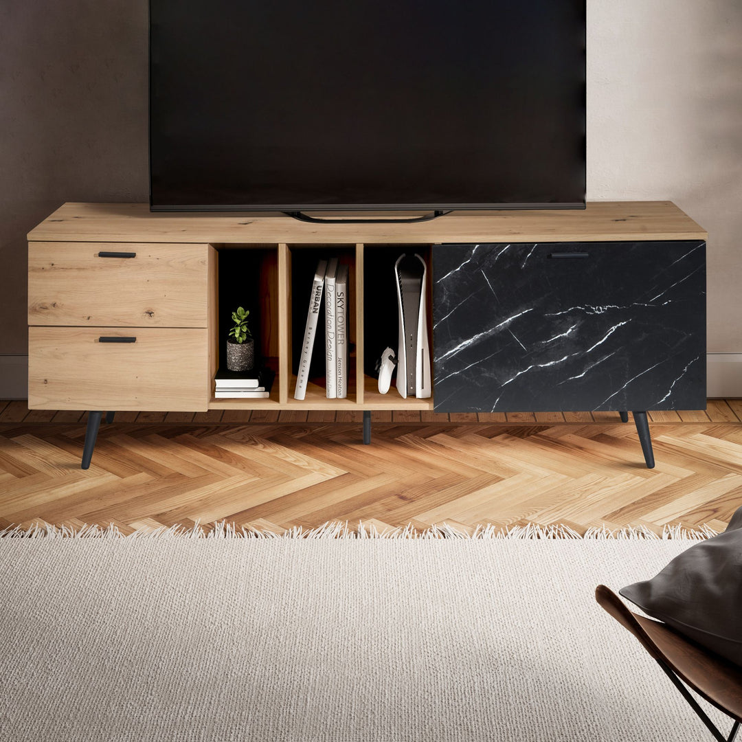 TV-Lowboard mit Eiche-Dekor, Tür und Schubladen, kompakte Aufteilung