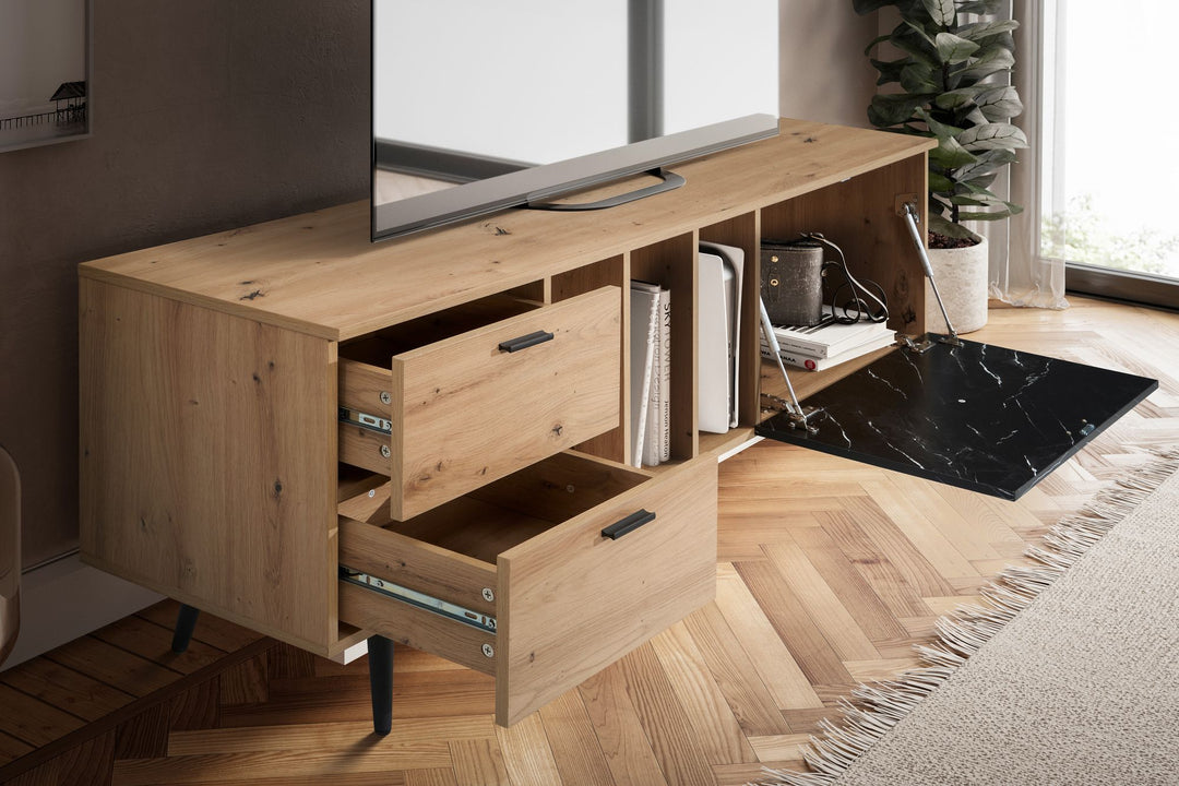 TV-Lowboard mit Eiche-Dekor, Tür und Schubladen, kompakte Aufteilung