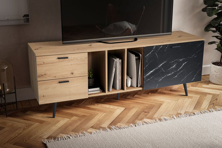 TV-Lowboard mit Eiche-Dekor, Tür und Schubladen, kompakte Aufteilung