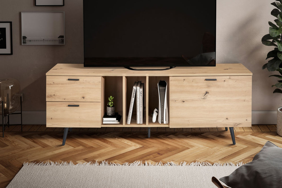 TV-Lowboard mit Eiche-Dekor, Tür und Schubladen, kompakte Aufteilung
