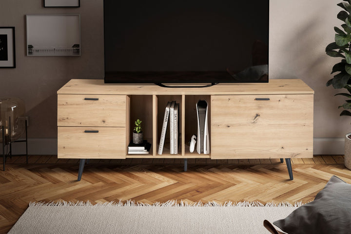 TV-Lowboard mit Eiche-Dekor, Tür und Schubladen, kompakte Aufteilung
