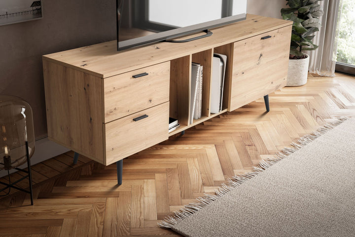 TV-Lowboard mit Eiche-Dekor, Tür und Schubladen, kompakte Aufteilung