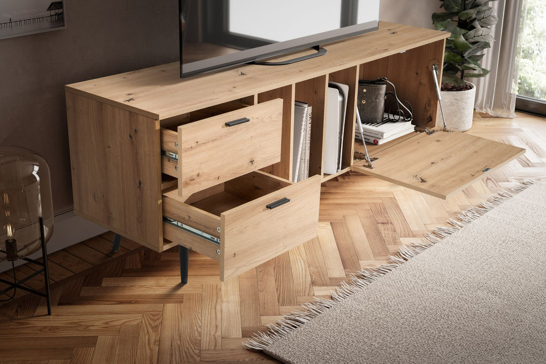 TV-Lowboard mit Eiche-Dekor, Tür und Schubladen, kompakte Aufteilung
