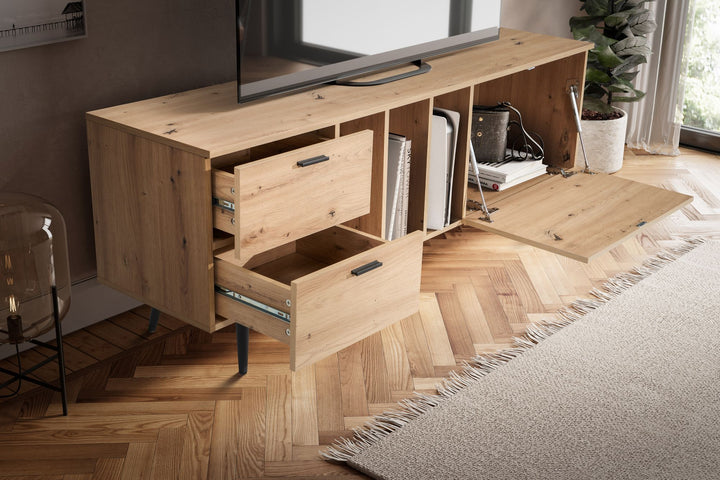 TV-Lowboard mit Eiche-Dekor, Tür und Schubladen, kompakte Aufteilung
