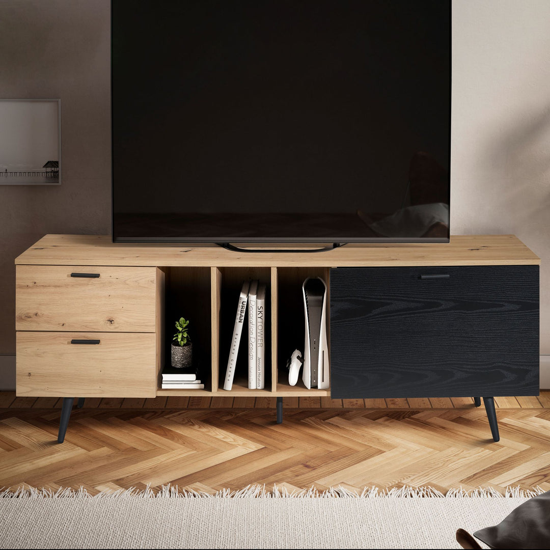 TV-Lowboard mit Eiche-Dekor, Tür und Schubladen, kompakte Aufteilung