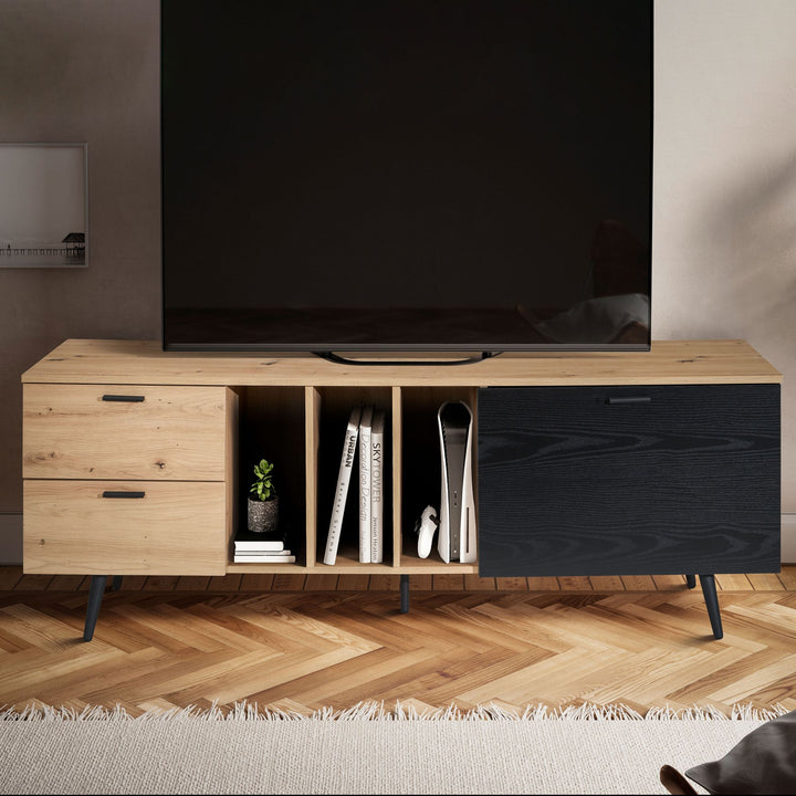 TV-Lowboard mit Eiche-Dekor, Tür und Schubladen, kompakte Aufteilung