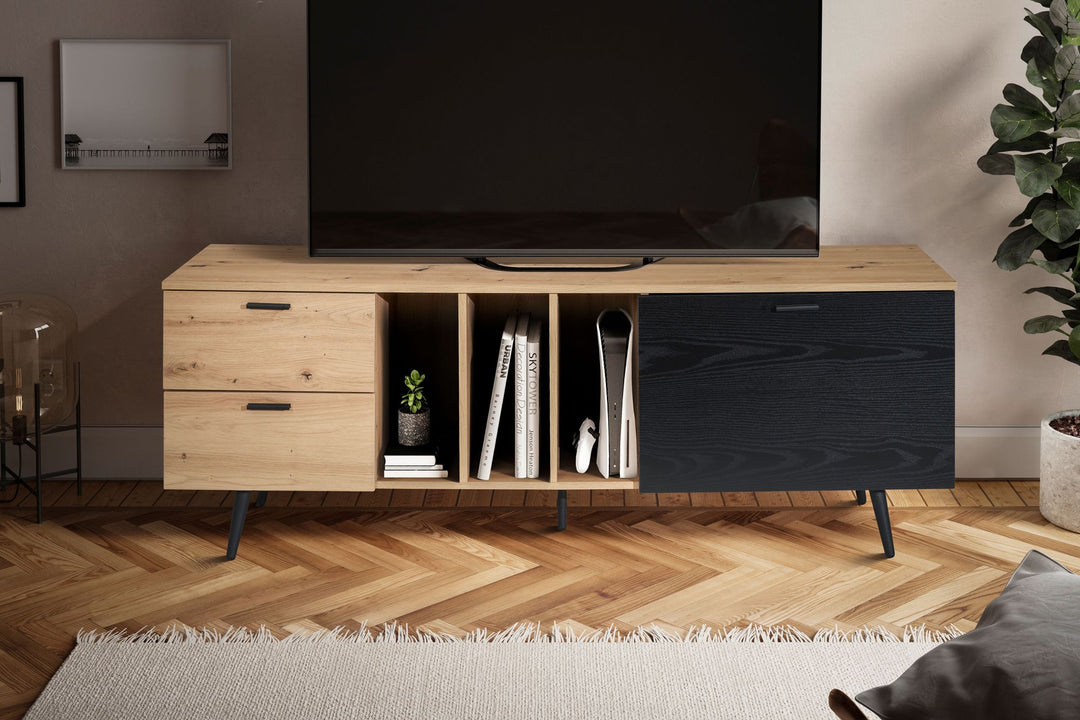 TV-Lowboard mit Eiche-Dekor, Tür und Schubladen, kompakte Aufteilung