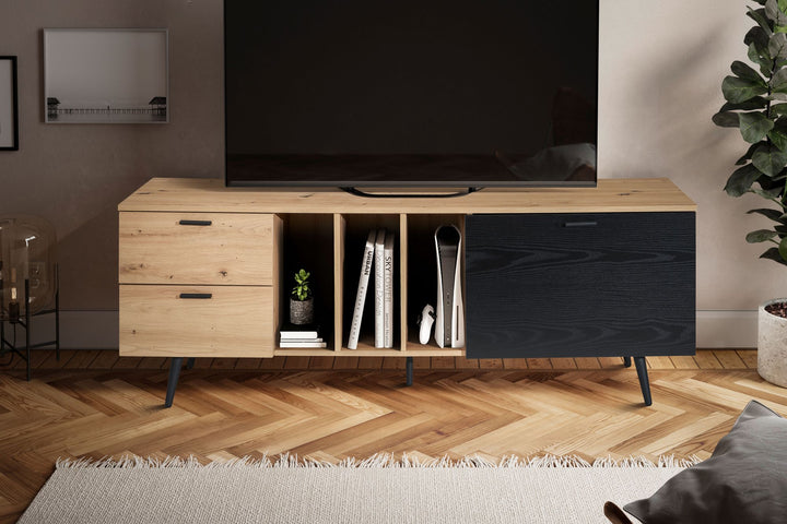 TV-Lowboard mit Eiche-Dekor, Tür und Schubladen, kompakte Aufteilung
