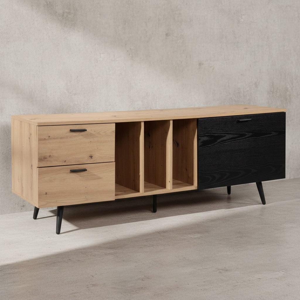 Lowboard Eiche-Dekor 150x55x40 cm Design TV-Kommode Modern - TV-Schrank Hoch - Fernsehtisch Fernsehschrank mit Tür &amp; Schubladen - Fernsehkommode Wohnzimmer Modern_