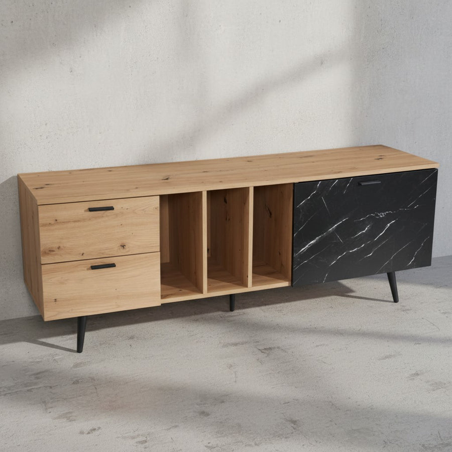 Lowboard Eiche-Dekor 150x55x40 cm Design TV-Kommode Modern - TV-Schrank Hoch - Fernsehtisch Fernsehschrank mit Tür &amp; Schubladen - Fernsehkommode Wohnzimmer Modern_