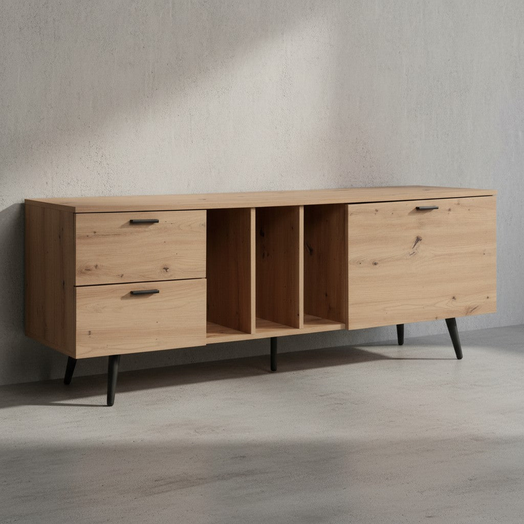 Lowboard Eiche-Dekor 150x55x40 cm Design TV-Kommode Modern - TV-Schrank Hoch - Fernsehtisch Fernsehschrank mit Tür &amp; Schubladen - Fernsehkommode Wohnzimmer Modern_