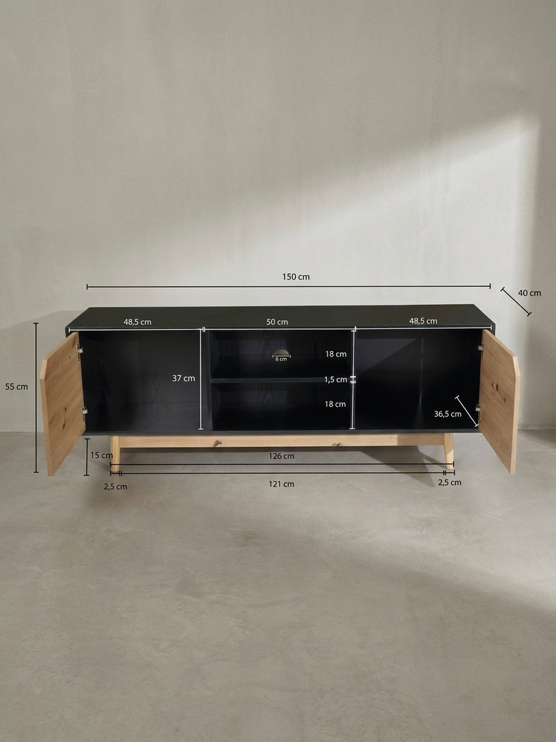 Maßzeichnung TV-Lowboard mit Eiche-Dekor, 2 Türen, modern – Schwarz-Beige