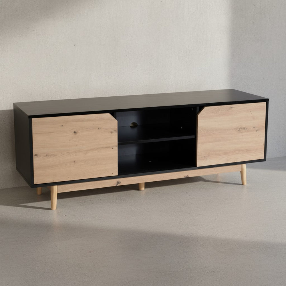 Lowboard Eiche-Dekor Schwarz 150x55x40 cm TV-Kommode Modern - Design TV-Schrank Hoch - Fernsehtisch Fernsehschrank mit zwei Türen - Fernsehkommode Wohnzimmer_