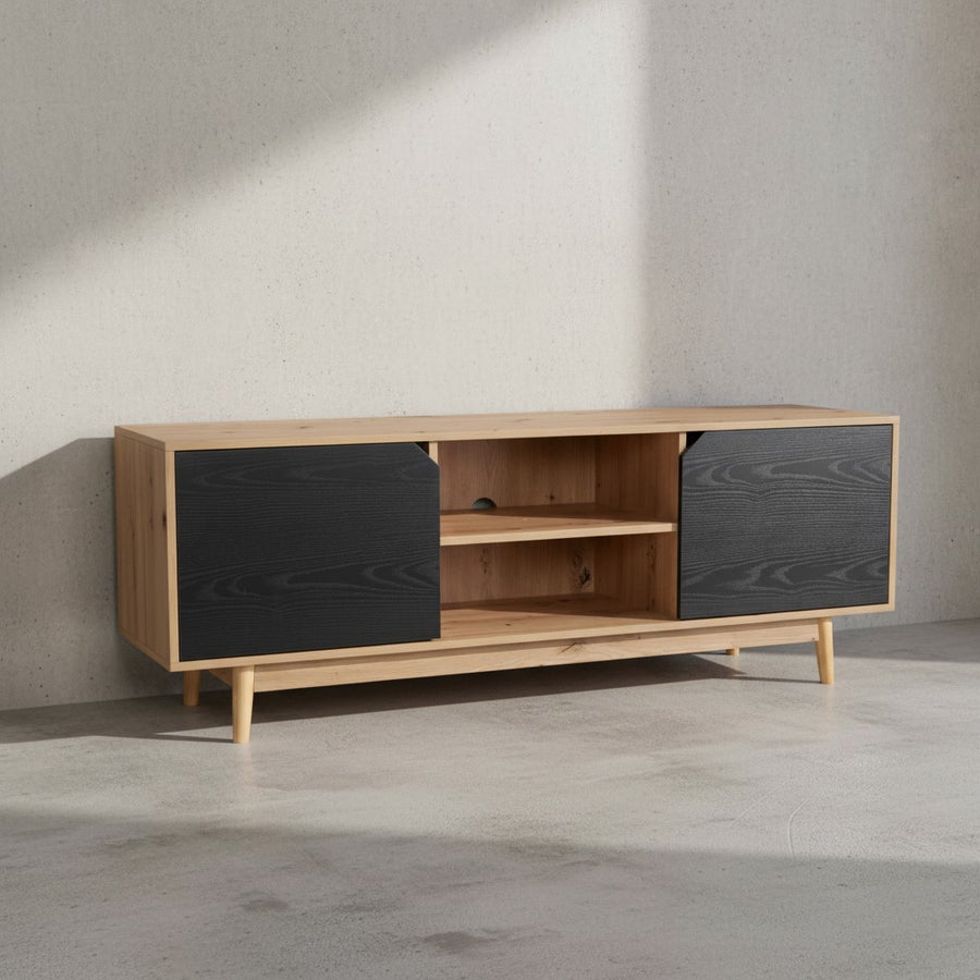 Lowboard Eiche-Dekor Schwarz 150x55x40 cm TV-Kommode Modern - Design TV-Schrank Hoch - Fernsehtisch Fernsehschrank mit zwei Türen - Fernsehkommode Wohnzimmer_