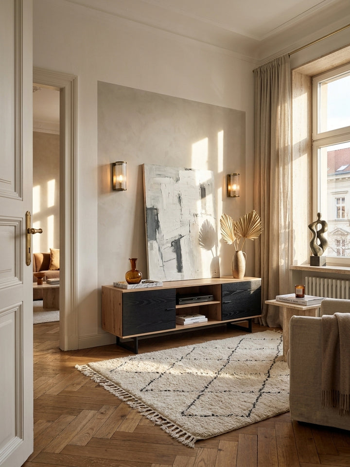 Modernes TV-Lowboard in Eichen-Optik mit schwarzen Türen im großzügigen Wohnzimmer mit stuckverzierter Decke und Fischgrätparkett._