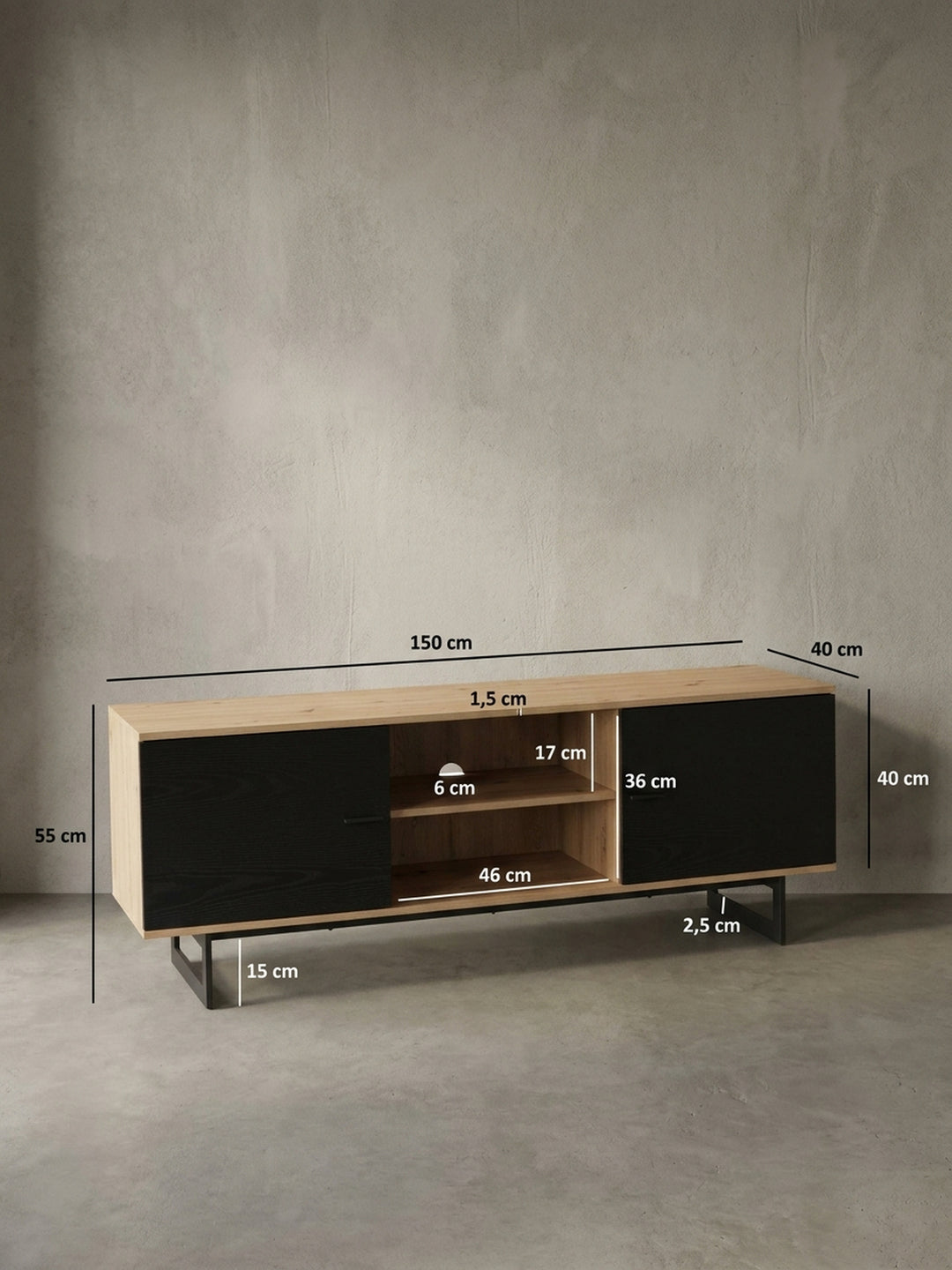 Maßbild des Lowboards mit exakten Abmessungen von 150x55x40 cm zur Überprüfung der Proportionen für den eigenen Wohnbereich._