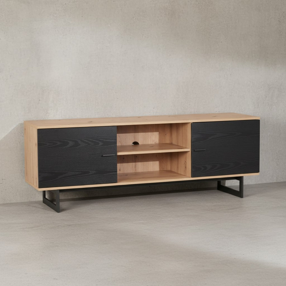 Lowboard Eiche-Dekor Schwarz 150x55x40 cm TV-Kommode Modern - Design TV-Schrank Hoch - Fernsehtisch Fernsehschrank mit zwei Türen - Fernsehkommode Wohnzimmer_