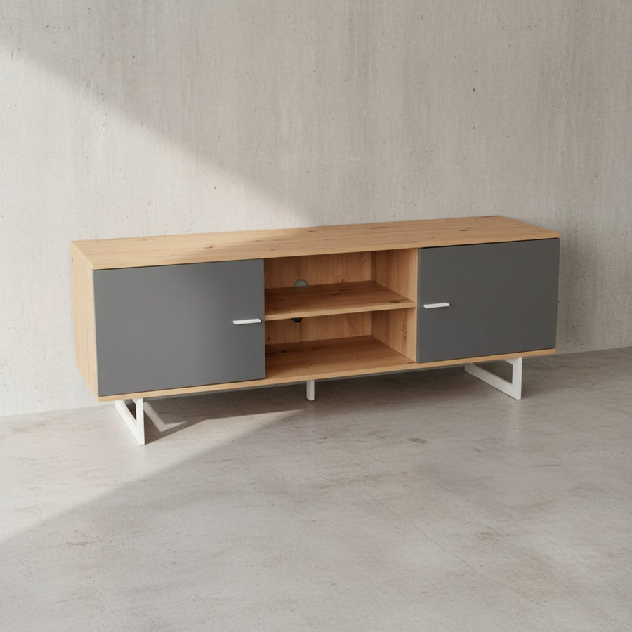 Lowboard Eiche-Dekor Schwarz 150x55x40 cm TV-Kommode Modern - Design TV-Schrank Hoch - Fernsehtisch Fernsehschrank mit zwei Türen - Fernsehkommode Wohnzimmer_
