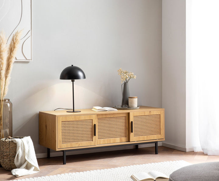 Lowboard Eiche-Dekor Zeitloser Stil 120x45,5x40 cm mit Wiener Geflecht und Schiebetüren