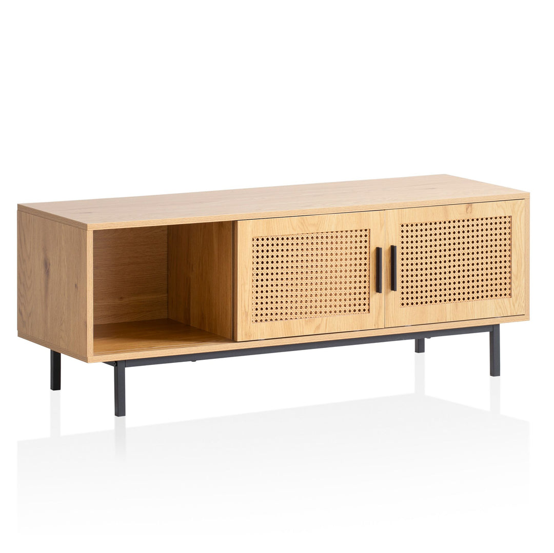 Lowboard Eiche-Dekor mit Wiener Geflecht 120x45-5x40 cm TV-Kommode Zeitlos mit Schiebe-Türen - Design TV-Schrank Hoch - Fernsehtisch Fernsehschrank - Fernsehkommode Wohnzimmer Rattan_