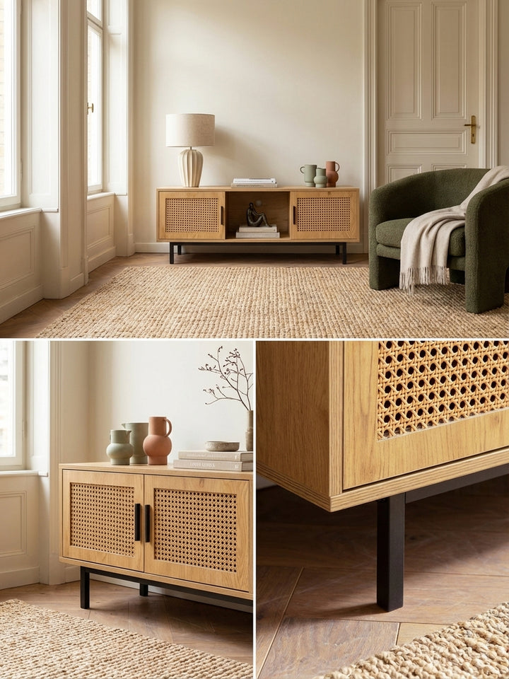 Makroaufnahme der detailreichen Textur des Polyrattan-Geflechts, das als Wiener Geflecht die Schiebetüren des Eichen-Dekor-Sideboards ziert._