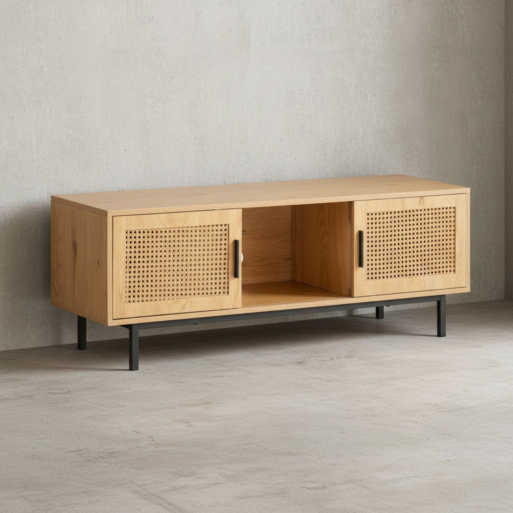 Lowboard Eiche-Dekor mit Wiener Geflecht 120x45-5x40 cm TV-Kommode Zeitlos mit Schiebe-Türen - Design TV-Schrank Hoch - Fernsehtisch Fernsehschrank - Fernsehkommode Wohnzimmer Rattan_