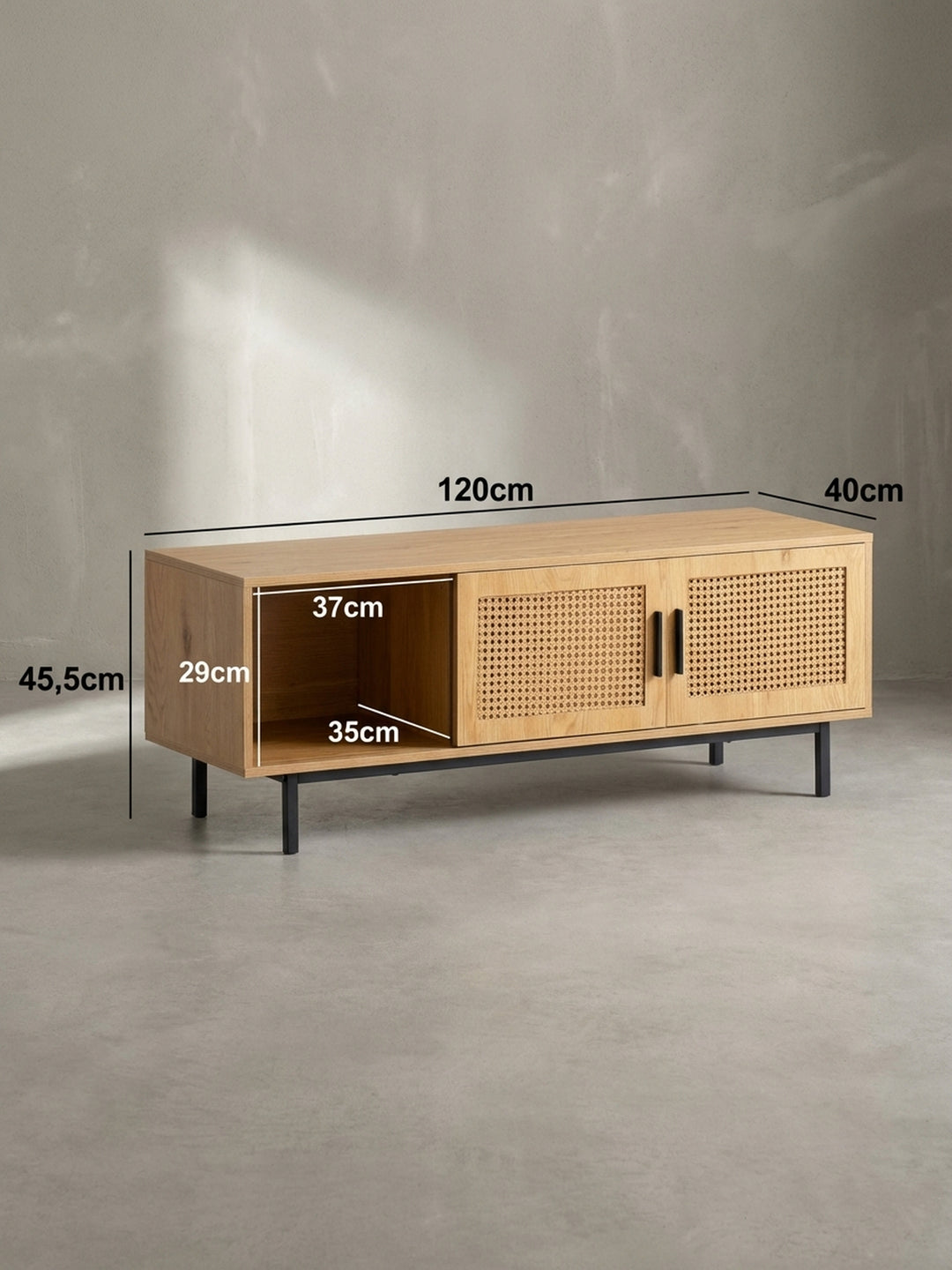 TV-Lowboard mit exakten Maßangaben: Breite 120 cm, Höhe 45,5 cm und Tiefe 40 cm, ideal für die Planung des Platzbedarfs im Wohnbereich._