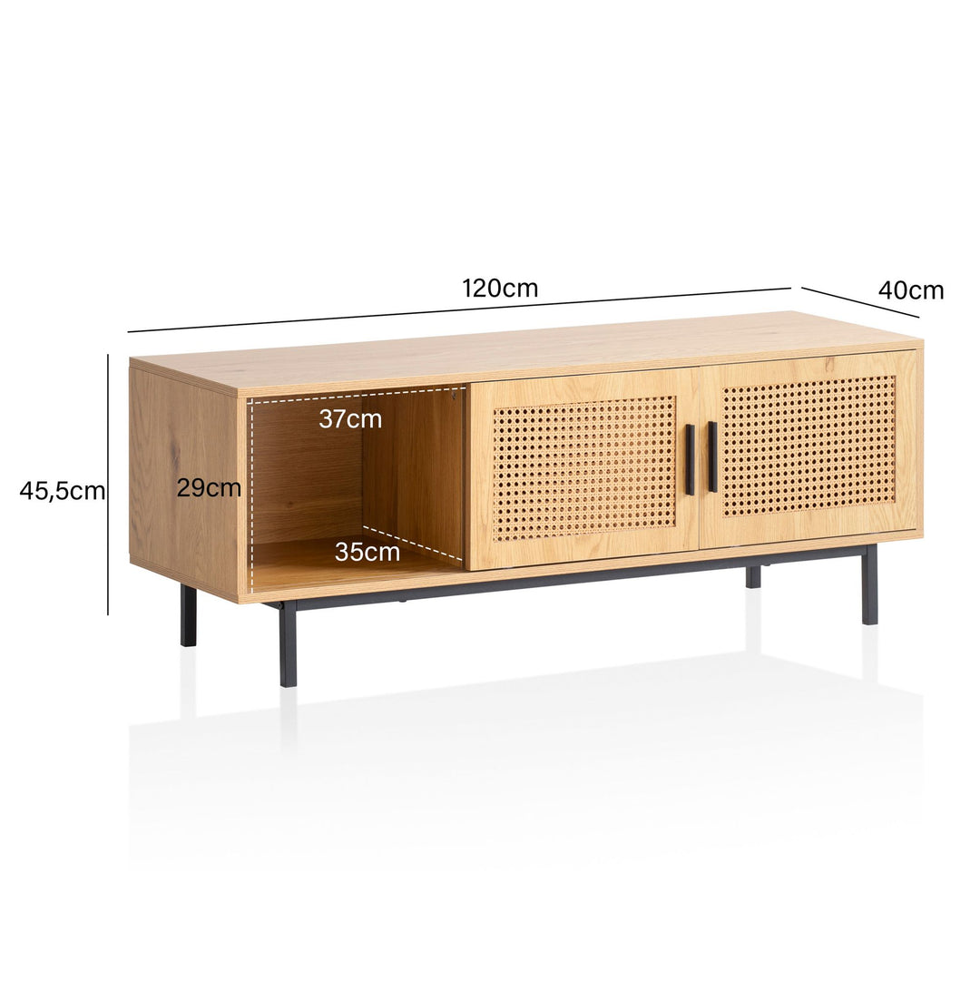 Lowboard Eiche-Dekor mit Wiener Geflecht 120x45-5x40 cm TV-Kommode Zeitlos mit Schiebe-Türen - Design TV-Schrank Hoch - Fernsehtisch Fernsehschrank - Fernsehkommode Wohnzimmer Rattan_