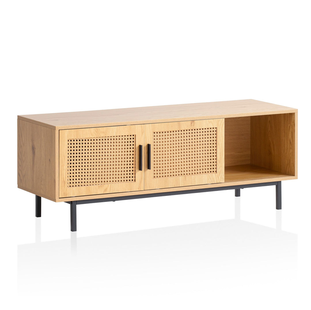 Lowboard Eiche-Dekor mit Wiener Geflecht 120x45-5x40 cm TV-Kommode Zeitlos mit Schiebe-Türen - Design TV-Schrank Hoch - Fernsehtisch Fernsehschrank - Fernsehkommode Wohnzimmer Rattan_