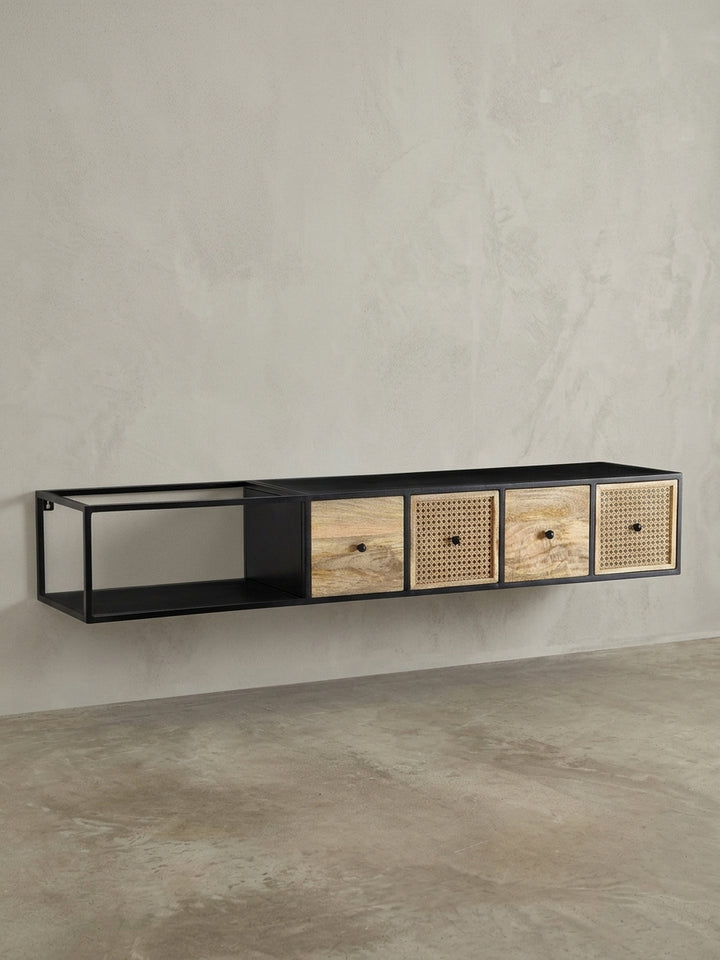 Seitenprofil des schlanken, wandmontierten Fernsehschranks mit einer Tiefe von 35 cm, das sein minimalistisches und platzsparendes Design hervorhebt._