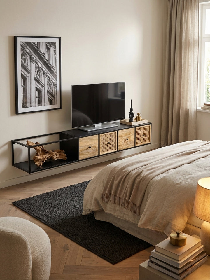 Aufsicht auf das Design TV-Lowboard mit schwarzem Metallrahmen und Schubladen aus Holz und Rattan, das als schwebendes Element im Raum wirkt._