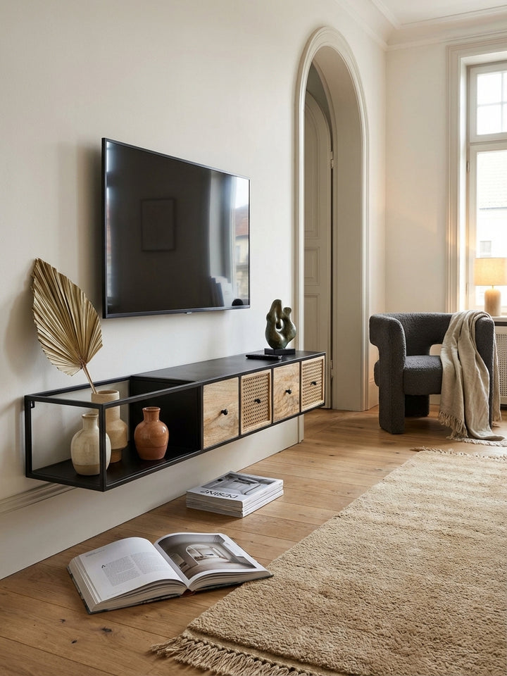 Modernes hängendes TV-Lowboard 150 cm aus Mango Massivholz und Wiener Geflecht, montiert an einer weißen Wand in einem stilvollen Wohnzimmer unter einem Fernseher._