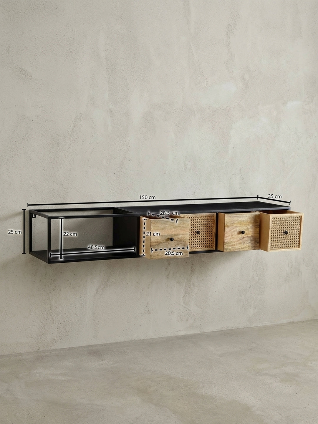 Technische Zeichnung des TV-Lowboards mit exakten Maßen: Breite 150 cm, Höhe 25 cm, Tiefe 35 cm, für eine präzise Planung der Wandmontage._