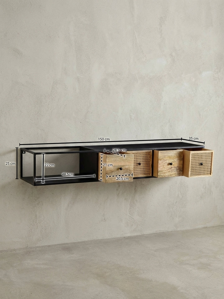 Technische Zeichnung des TV-Lowboards mit exakten Maßen: Breite 150 cm, Höhe 25 cm, Tiefe 35 cm, für eine präzise Planung der Wandmontage._
