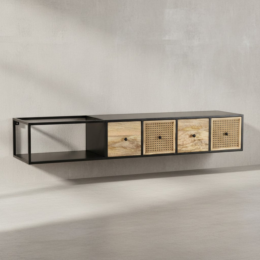 Lowboard Hängend Mango Massivholz/Metall_ TV-Schrank_ Schubladen &amp; Rattan-Fronten - KADIMA DESIGN_Größe_ 150x35x25 cm_