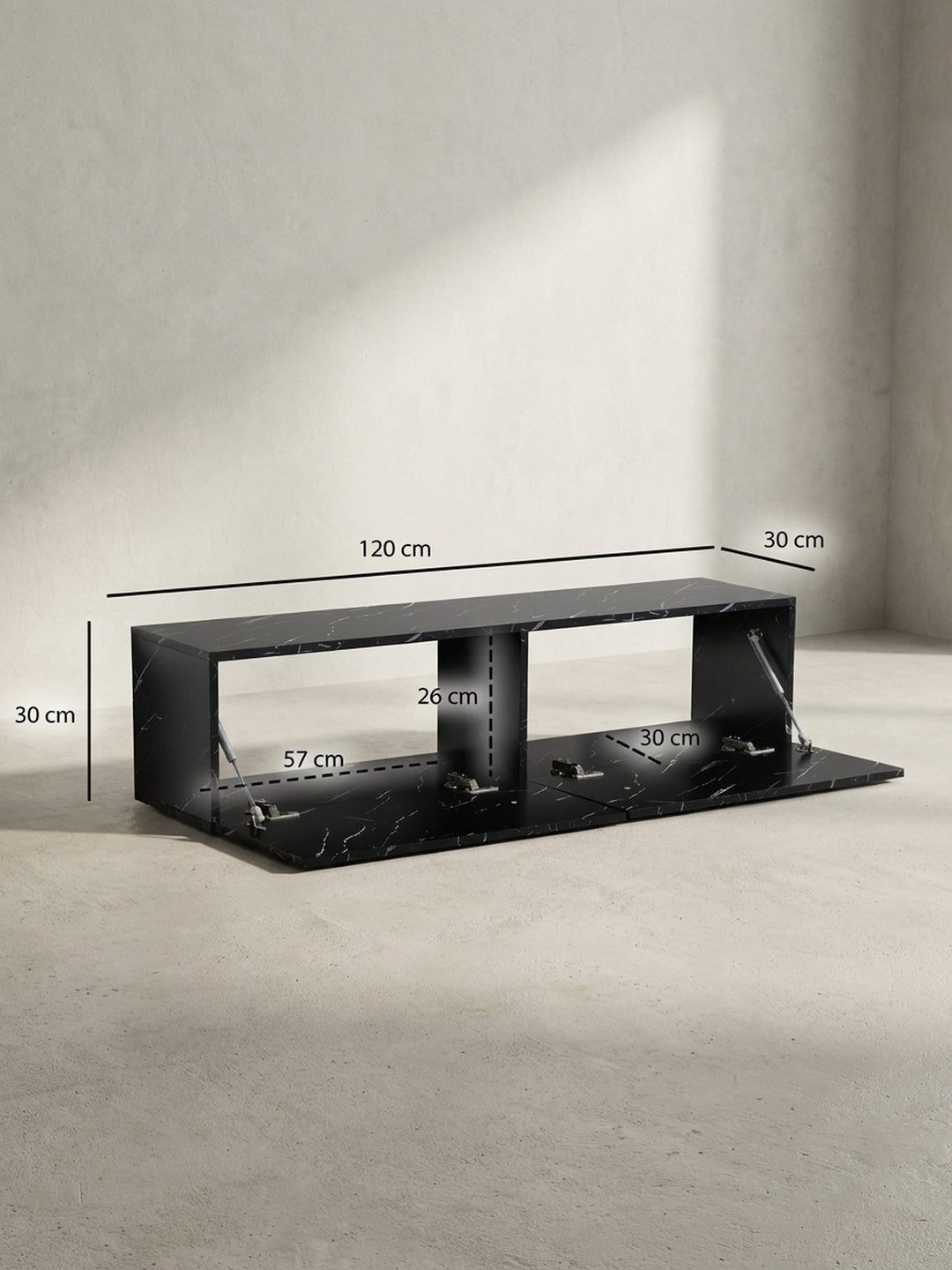 Technisches Bild des TV-Lowboards mit allen Maßen: Breite 120 cm, Höhe 30 cm, Tiefe 30 cm, für die präzise Planung der Wandfläche._