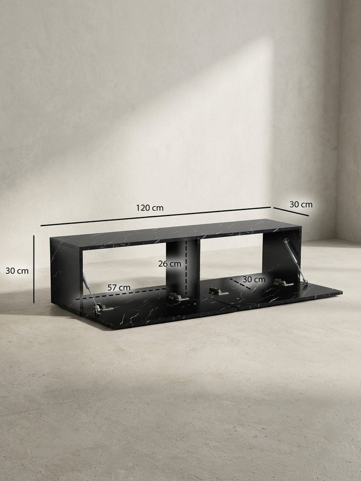 Technisches Bild des TV-Lowboards mit allen Maßen: Breite 120 cm, Höhe 30 cm, Tiefe 30 cm, für die präzise Planung der Wandfläche._