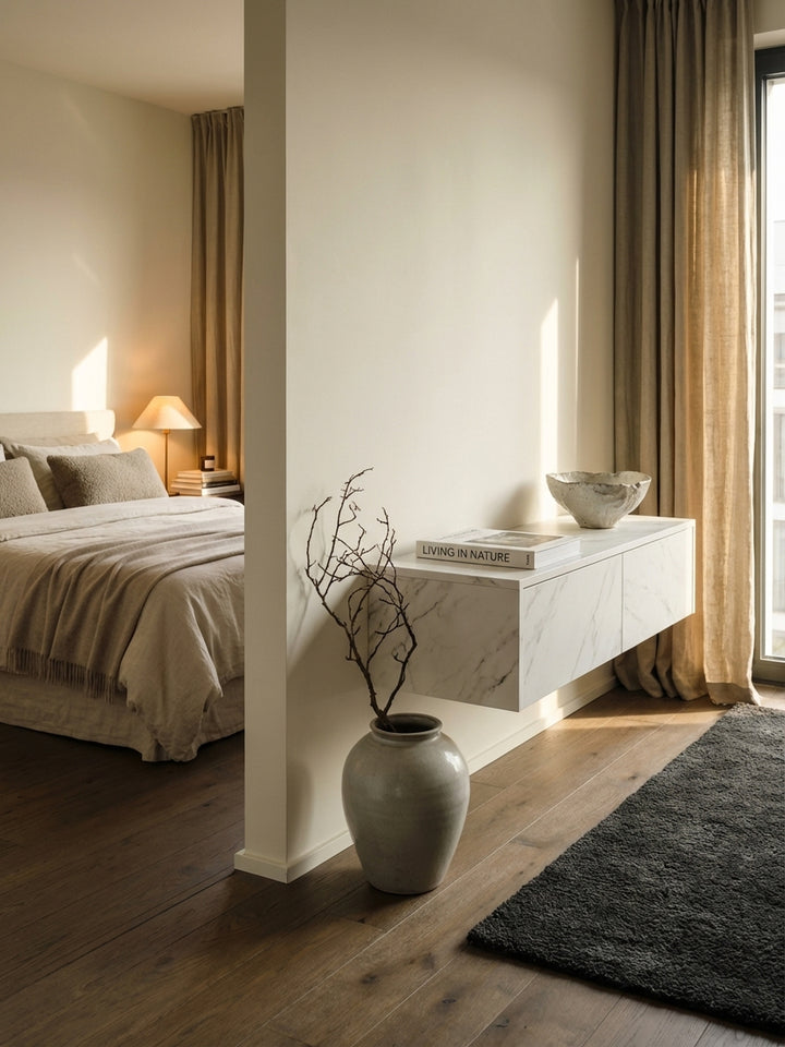Das 120 cm breite Wand-Lowboard in Marmor-Optik harmoniert perfekt mit einem flachen Fernseher und einer großen, getopften Zimmerpflanze in einem modernen Interieur._