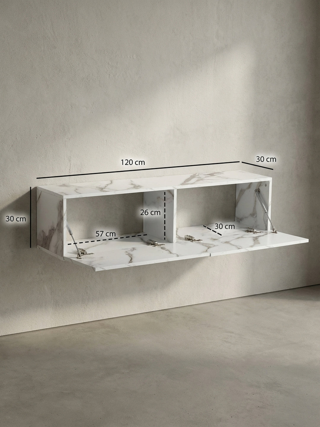 Technische Zeichnung des TV-Lowboards mit exakten Maßen: Breite 120 cm, Höhe 30 cm und Tiefe 30 cm, ideal für die Raumplanung im Wohnzimmer._