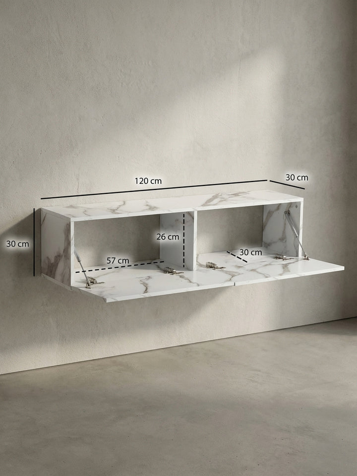 Technische Zeichnung des TV-Lowboards mit exakten Maßen: Breite 120 cm, Höhe 30 cm und Tiefe 30 cm, ideal für die Raumplanung im Wohnzimmer._