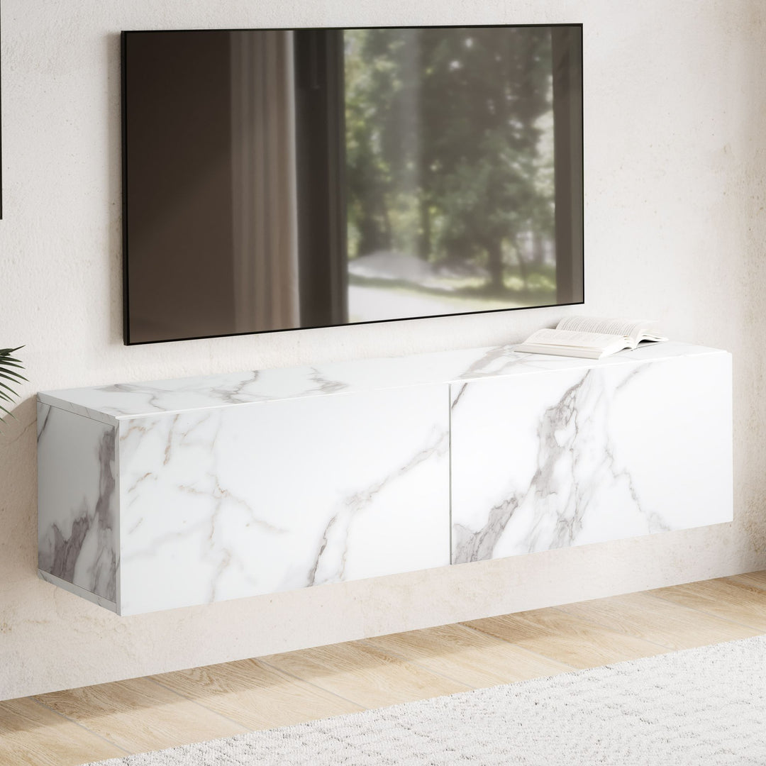 TV-Lowboard hängend, Marmor-Optik, Klapptüren, modern