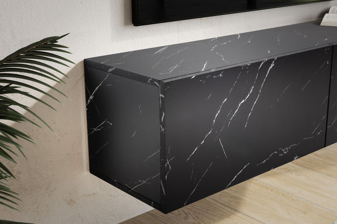 TV-Lowboard hängend, Marmor-Optik, Klapptüren, modern