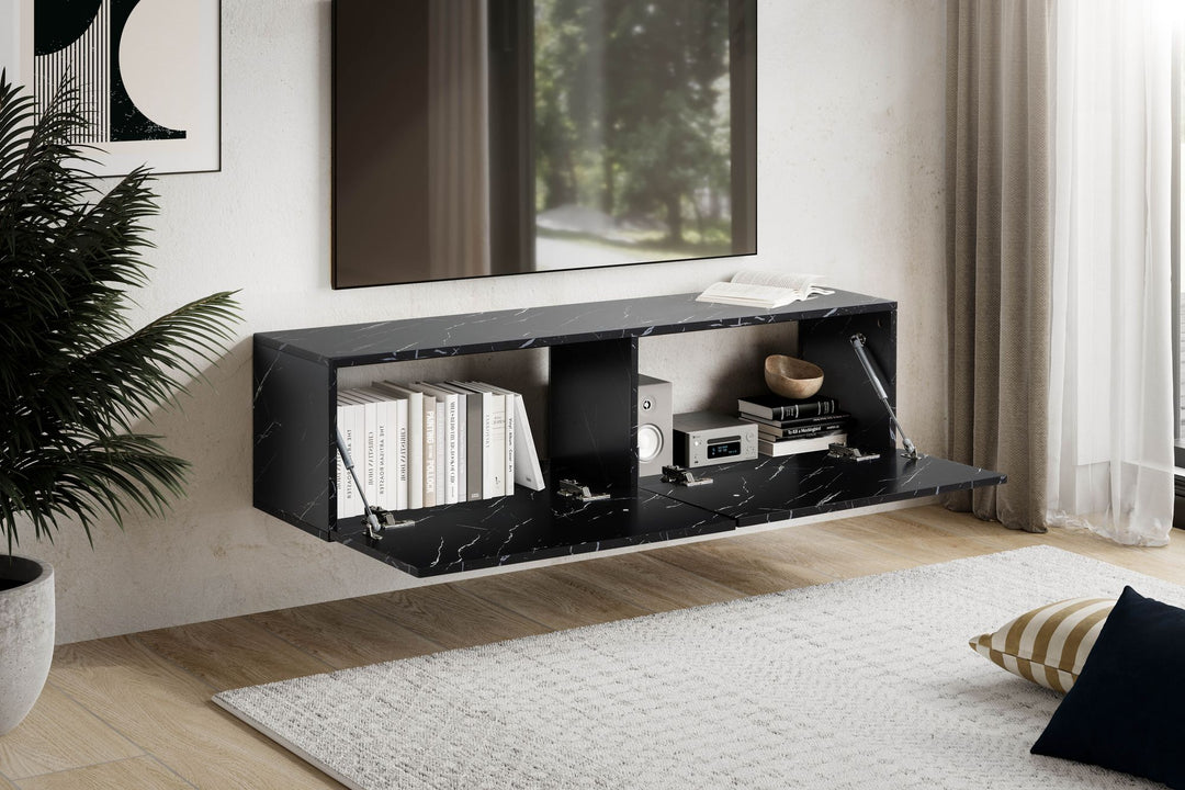 TV-Lowboard hängend, Marmor-Optik, Klapptüren, modern