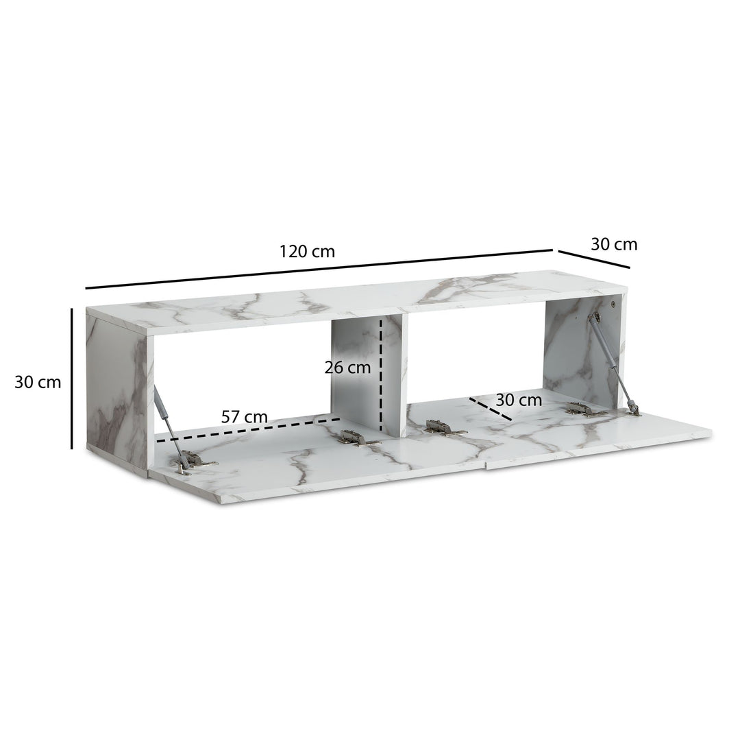TV-Lowboard hängend, Marmor-Optik, Klapptüren, modern