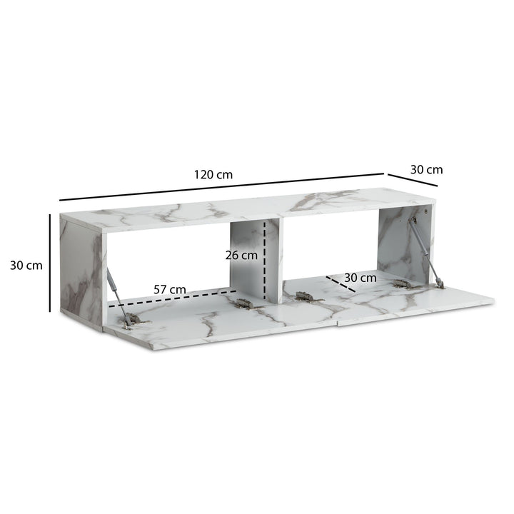 TV-Lowboard hängend, Marmor-Optik, Klapptüren, modern
