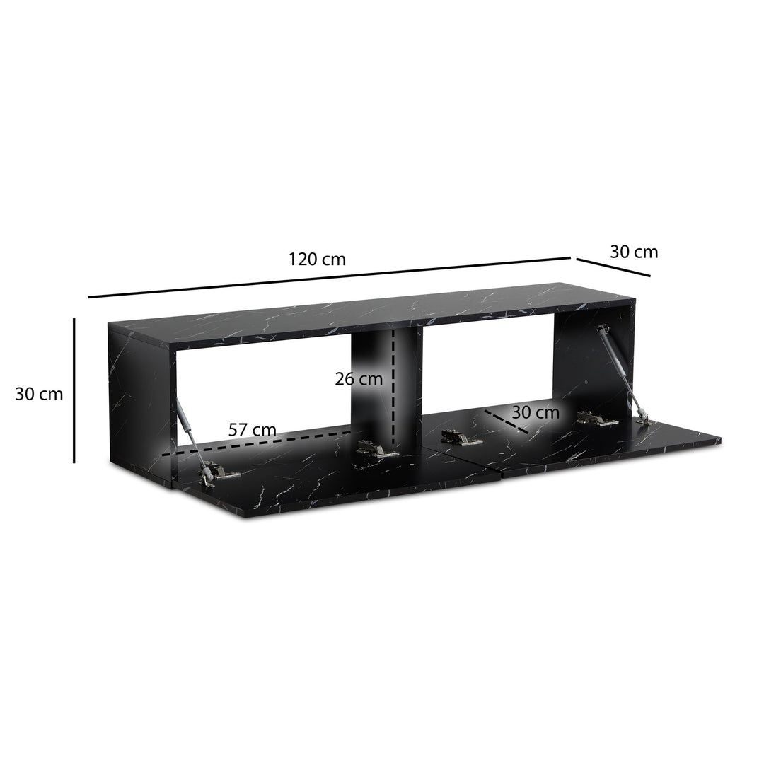 TV-Lowboard hängend, Marmor-Optik, Klapptüren, modern